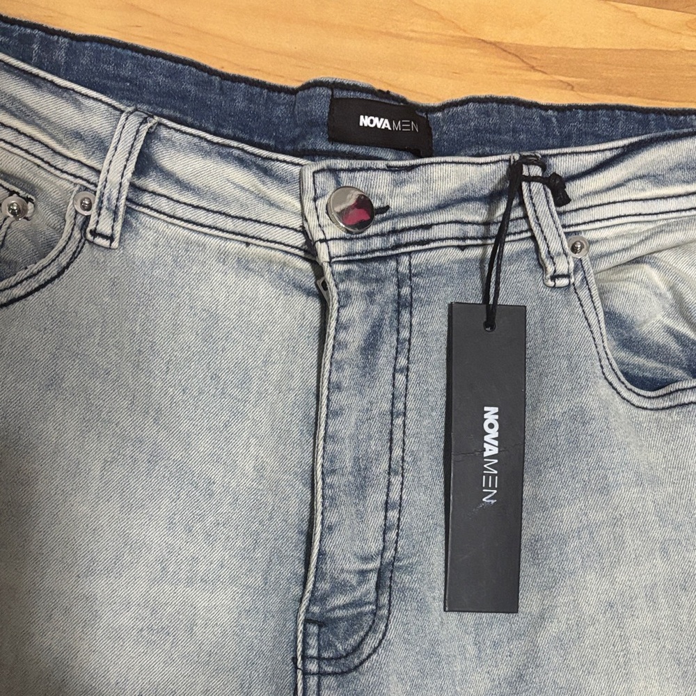 Men’s Fashion Nova Light Blue Distressed Flare Distressed Skinny Jeans, Sz 38 - Picture 2 of 7